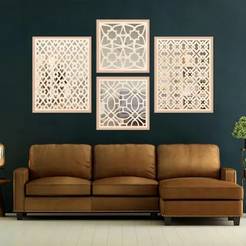 NoWorries Wall Hangings Engneering Wood Carving Acrylic Mirror Frame - Aesthetic Wall Pine Wood Carving Mirror paintings for home - Premium Wall mirror frames. (PINE-2, 13x17/13x13 Inches)