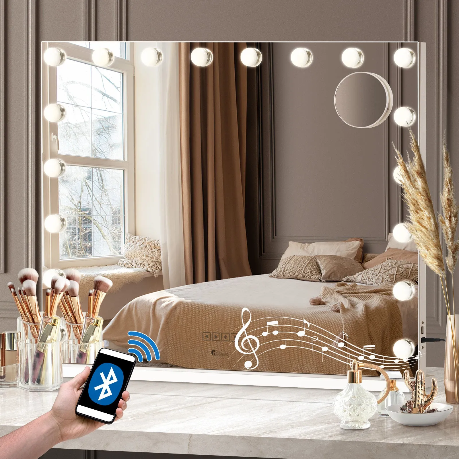 Oikiture Hollywood Mirrors Makeup Magnifying Mirror Bluetooth with LED Lights