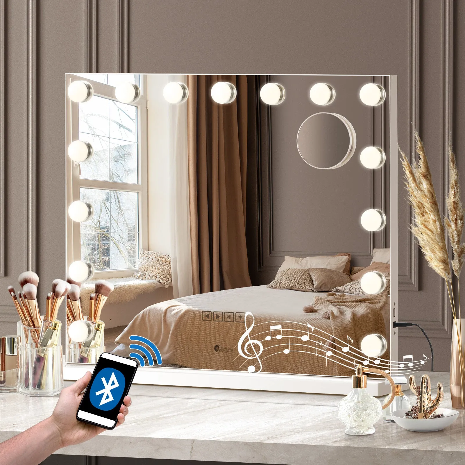 Oikiture Hollywood Mirrors Makeup Magnifying Mirror Bluetooth with LED Lights