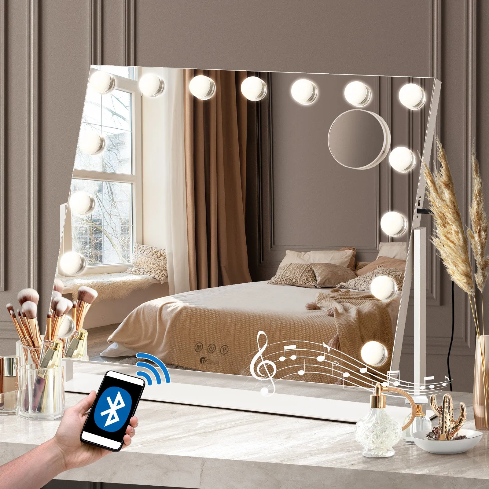 Oikiture Hollywood Mirrors Makeup Magnifying Mirror Bluetooth with LED Lights