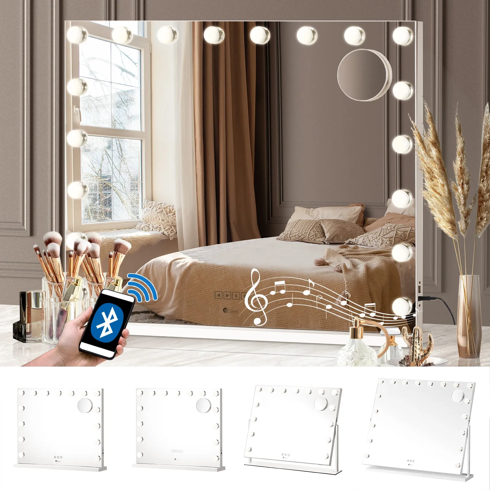 Oikiture Hollywood Mirrors Makeup Magnifying Mirror Bluetooth with LED Lights