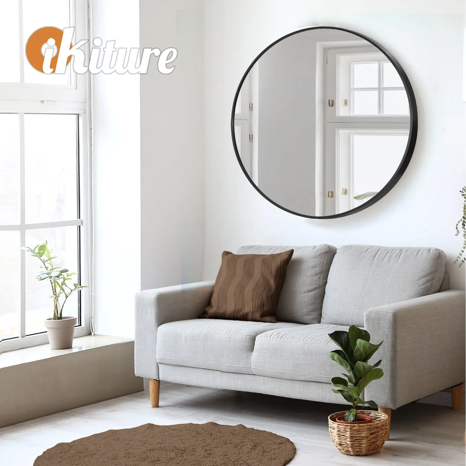 Oikiture Wall Mirrors Round Large Makeup Mirror Vanity Home Decro 90cm Black