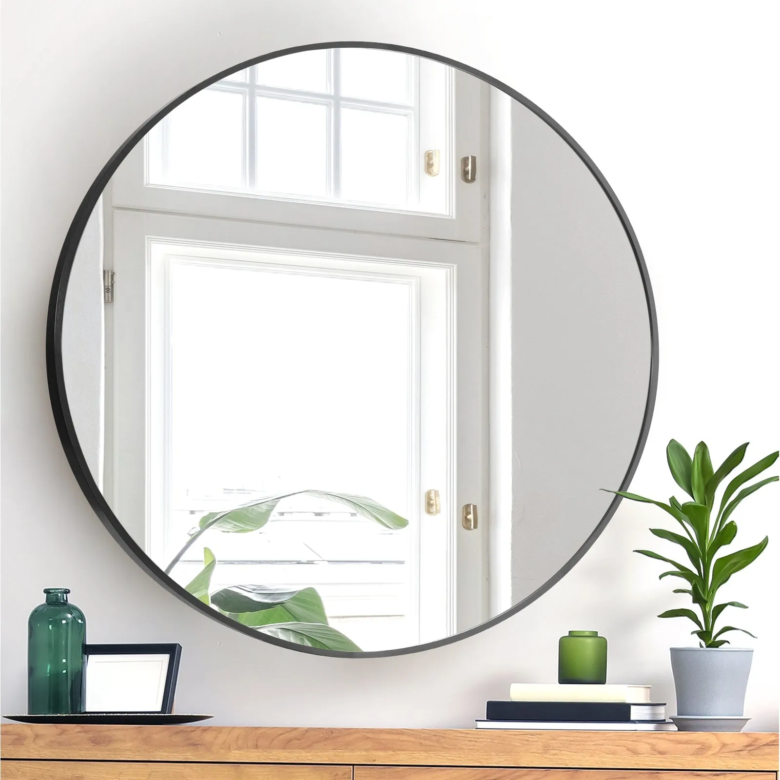 Oikiture Wall Mirrors Round Large Makeup Mirror Vanity Home Decro 90cm Black