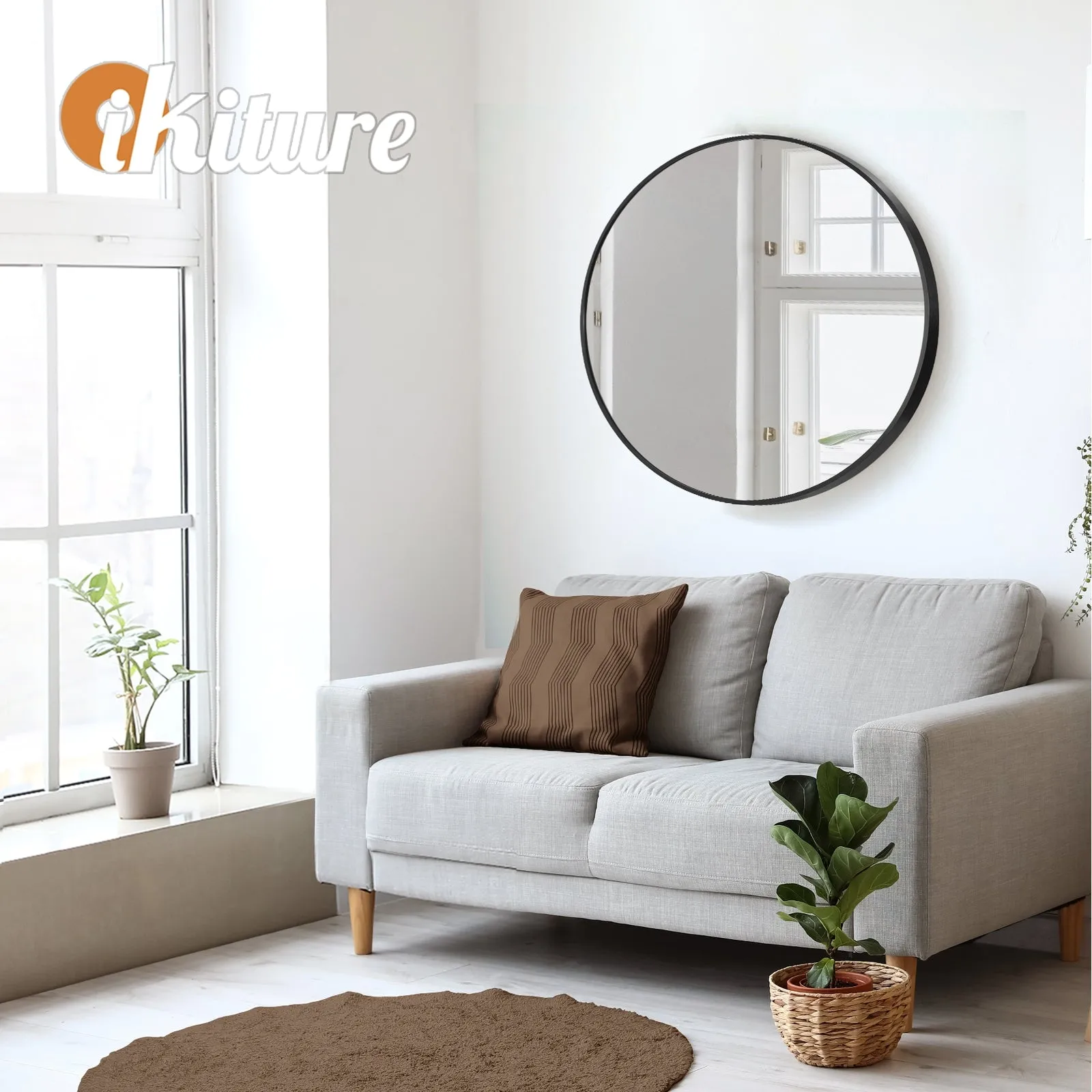 Oikiture Wall Mirrors Round Makeup Mirror Vanity Home Decro 50cm Black Bedroom