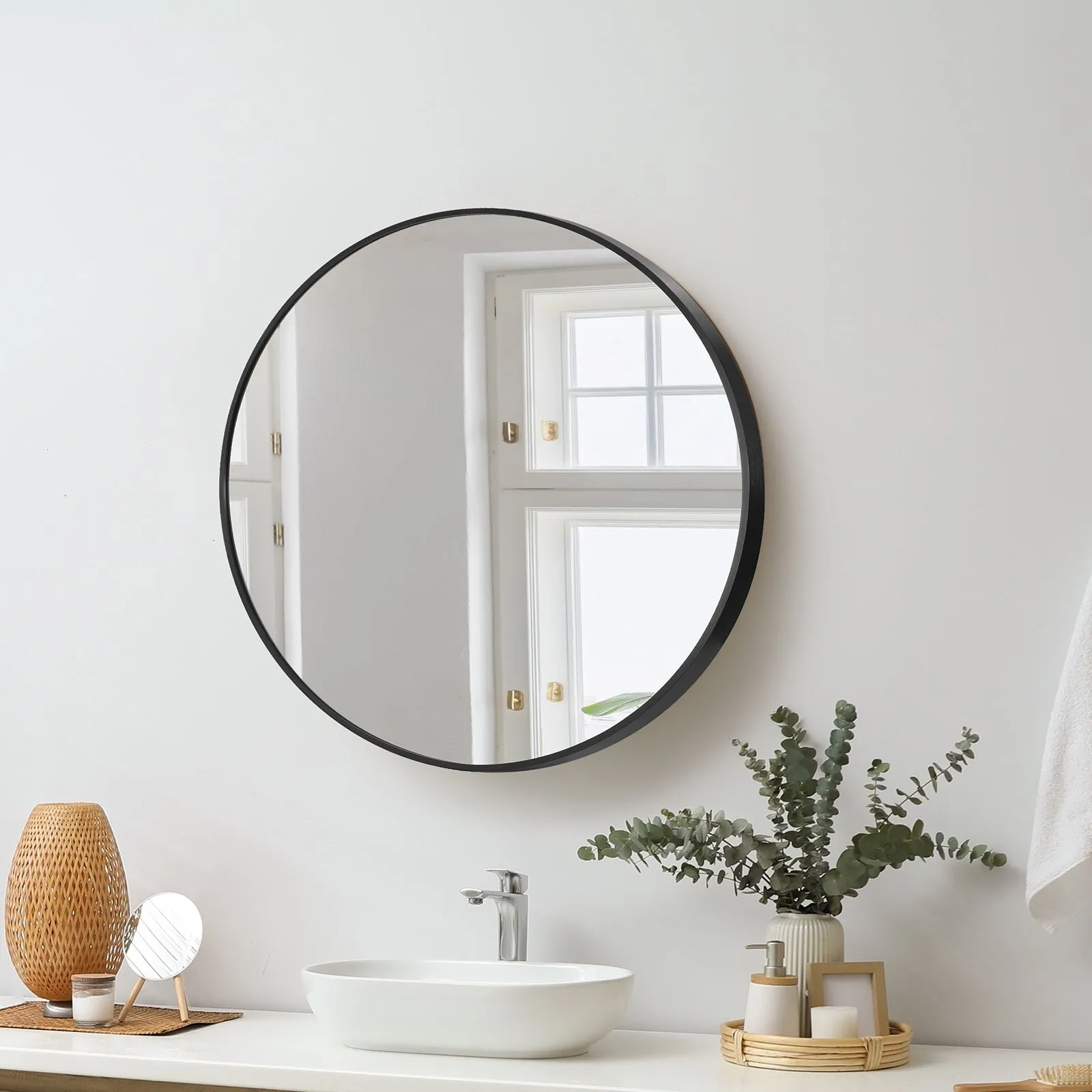 Oikiture Wall Mirrors Round Makeup Mirror Vanity Home Decro 50cm Black Bedroom
