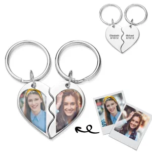 Personalized Break Apart Heart Photo Engraved Keychains Gift for Her