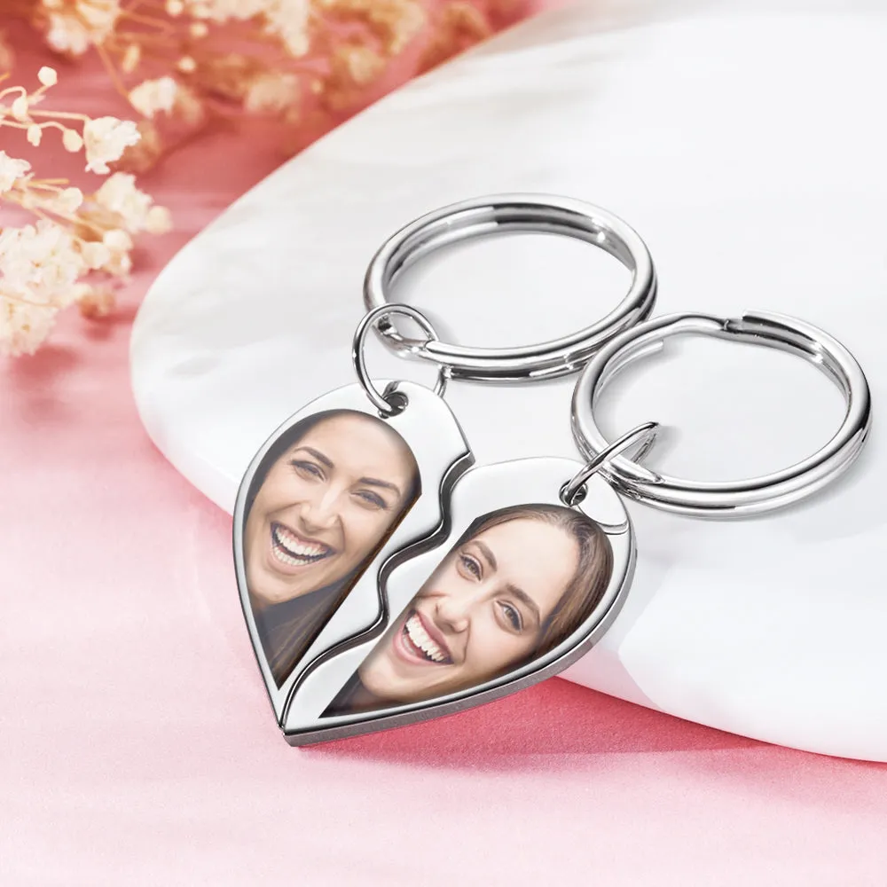 Personalized Break Apart Heart Photo Engraved Keychains Gift for Her