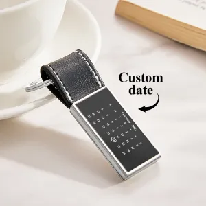 Personalized Calendar Leather Keychain Custom Date Unique Keyring Anniversary Gift