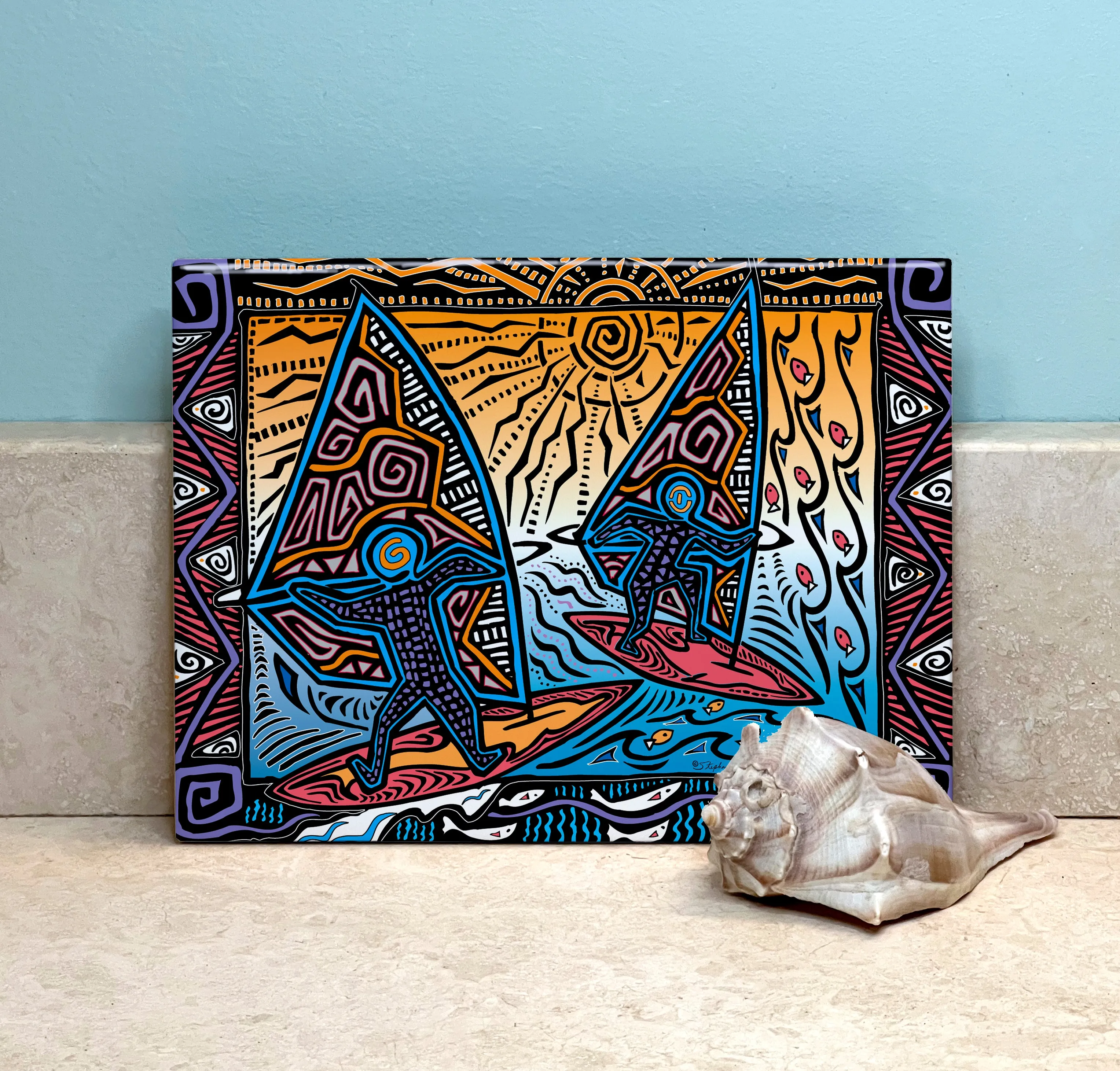 Primitive Windsurfers Ceramic Tile