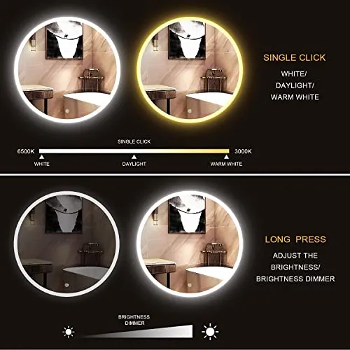 SANIF® Round LED Wall Mirror for Bathroom, Size 24x24 Inches ||Wash Basin Mirror 3 LED Lights (Warm,White,Natural White, Unframed)