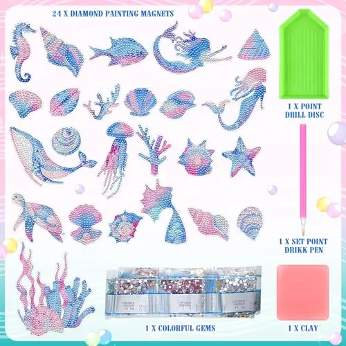 Saysurey 24 Pcs Mermaid Diamond Art Magnets Sea Diamond Art Fridge Magnets with DIY Tools to Create Your Own Magical Stickers Mermaid Gem Rhinestone Magnet Decals for DIY Crafts Home Decor