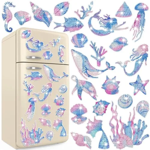 Saysurey 24 Pcs Mermaid Diamond Art Magnets Sea Diamond Art Fridge Magnets with DIY Tools to Create Your Own Magical Stickers Mermaid Gem Rhinestone Magnet Decals for DIY Crafts Home Decor