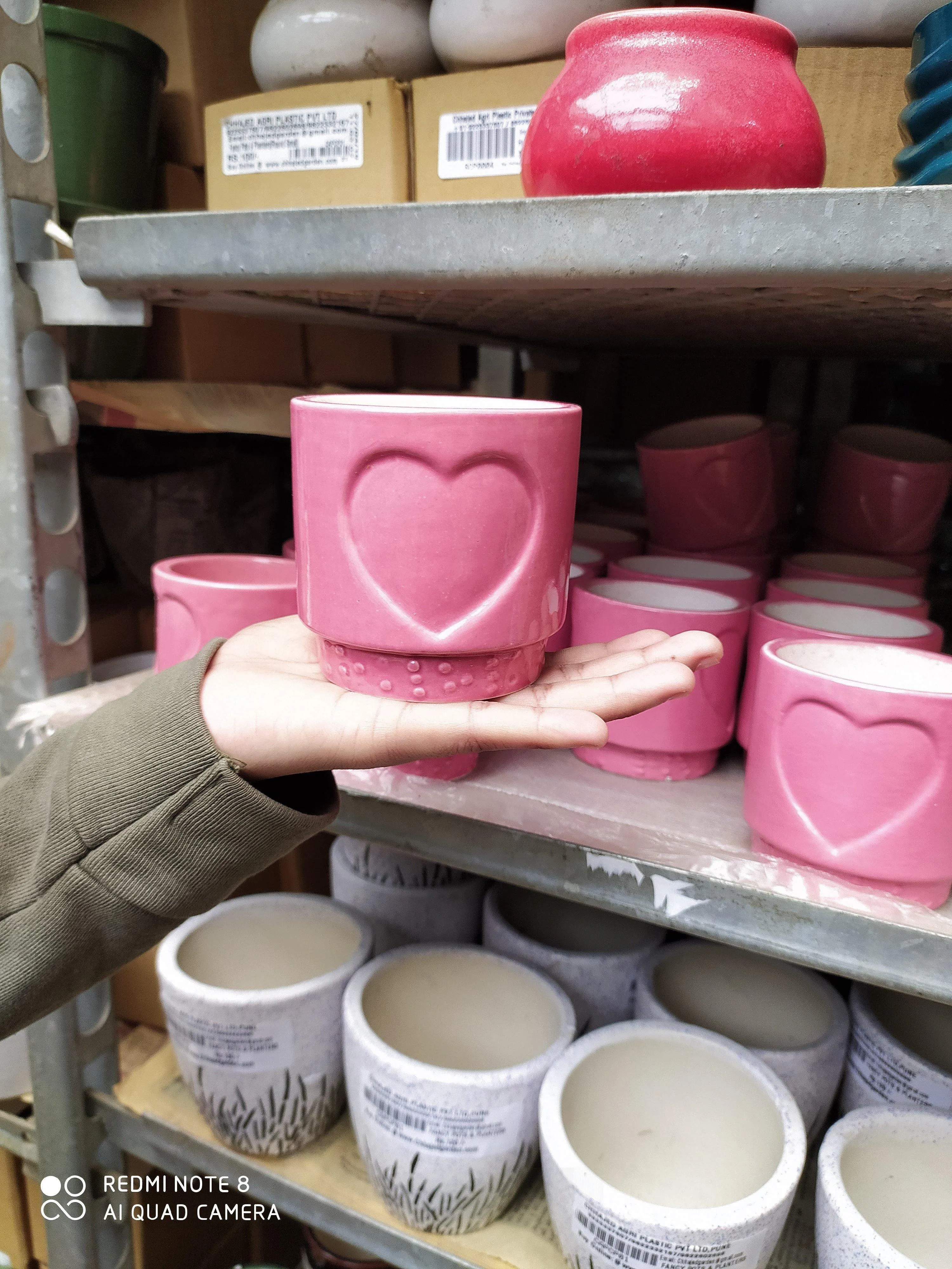 Set of 6 Ceramic Mini Round and Heart Design Planters - Modern Red Pot for Home and Office Decor