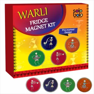 SOLOBOLO Warli Art Painting Kit|Decorative Fridge Magnets For Kitchen|Warli Art&Craft Kit|Gifts For Girls Age 10-12|4 Pre Marked Diy Painting Kit Fridge Magnets|Big Size Fridge Magnet-3.5 In Dia
