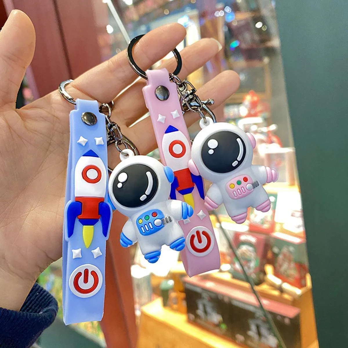 Space Travel Astronaut Keychain, Pack of 2 One Blue One Pink, PVC and Alloy Keyring