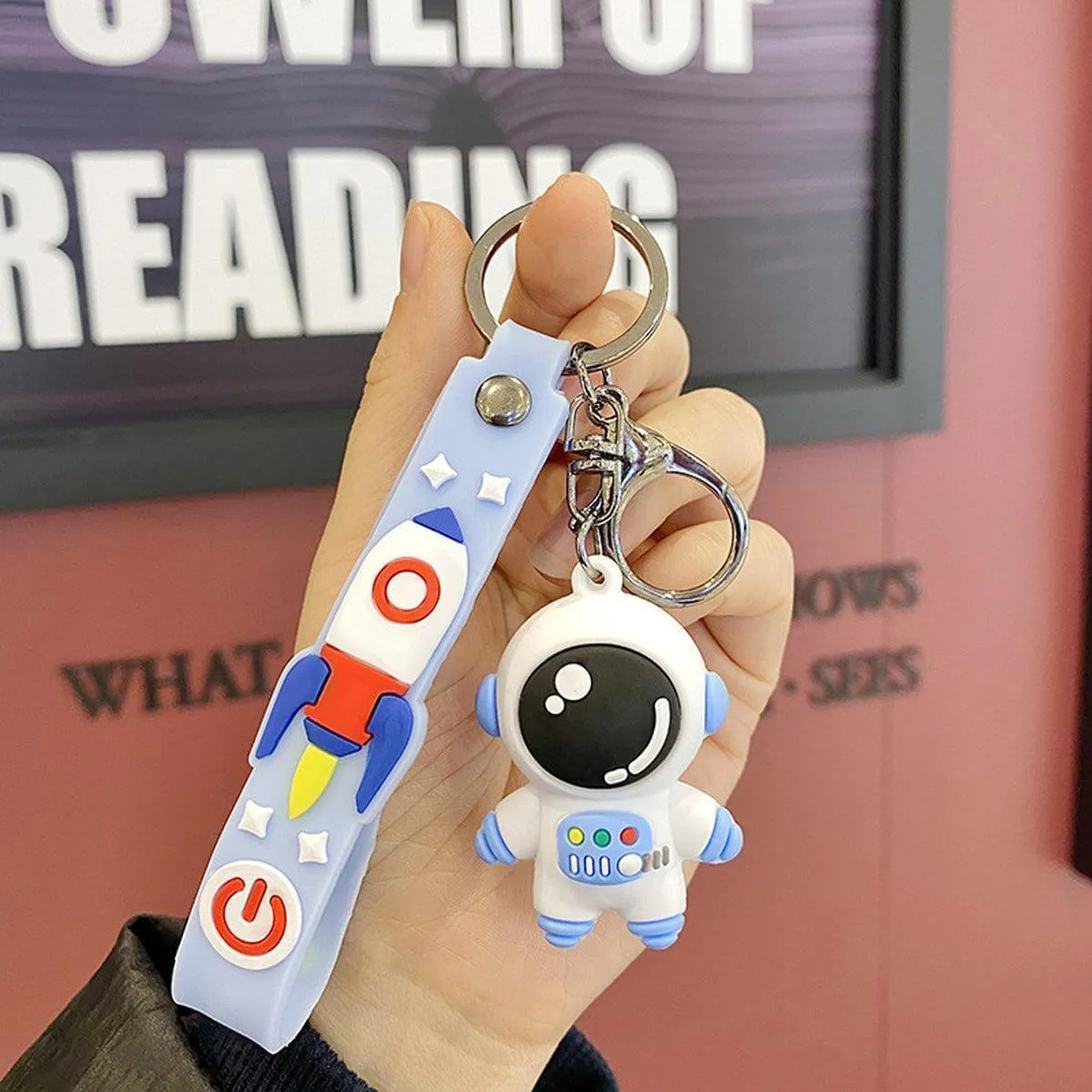 Space Travel Astronaut Keychain, Pack of 2 One Blue One Pink, PVC and Alloy Keyring