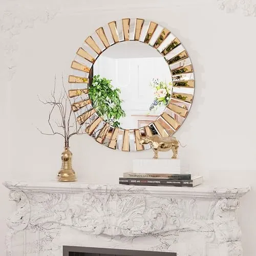 VENETIAN IMAGE Round Rose Gold and Silver Hanging Mirror, Modern Artistic Look, Premium Glass, Sunburst Pattern, Hallway Entrance, Home Decor (3D, 80cm Round)