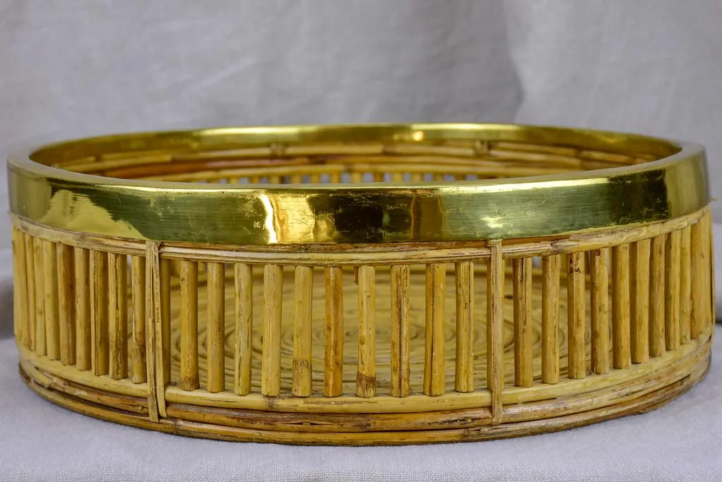 Vintage round bamboo and brass tray