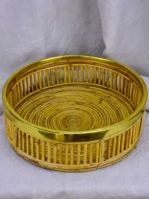 Vintage round bamboo and brass tray