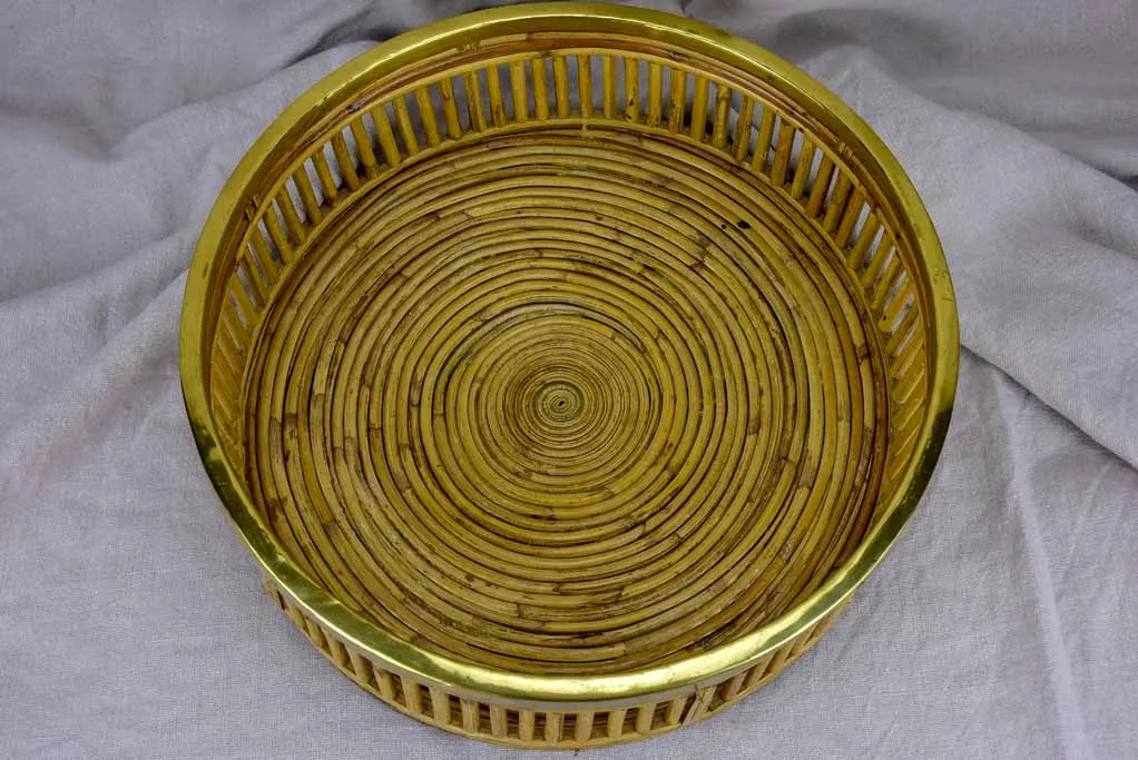 Vintage round bamboo and brass tray