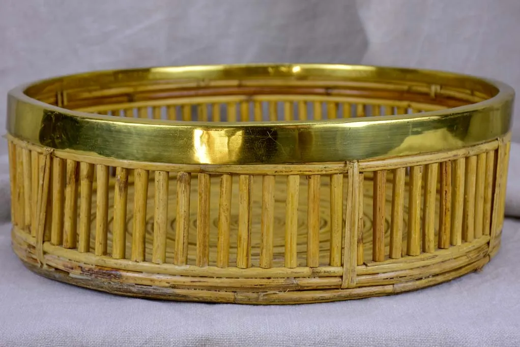 Vintage round bamboo and brass tray
