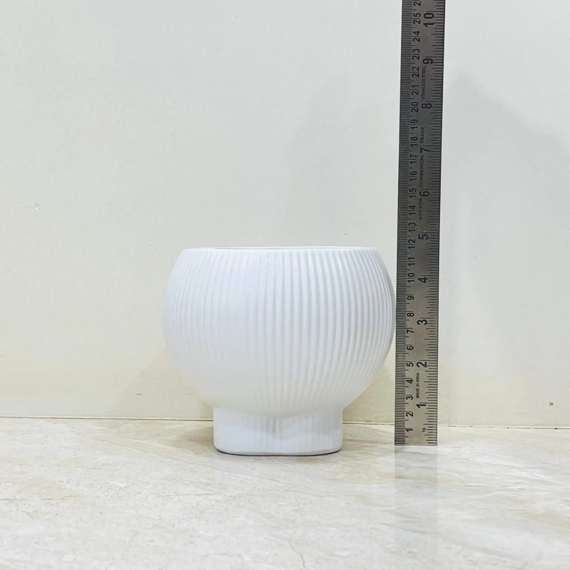 White Ribbed Ceramic Planter with Base