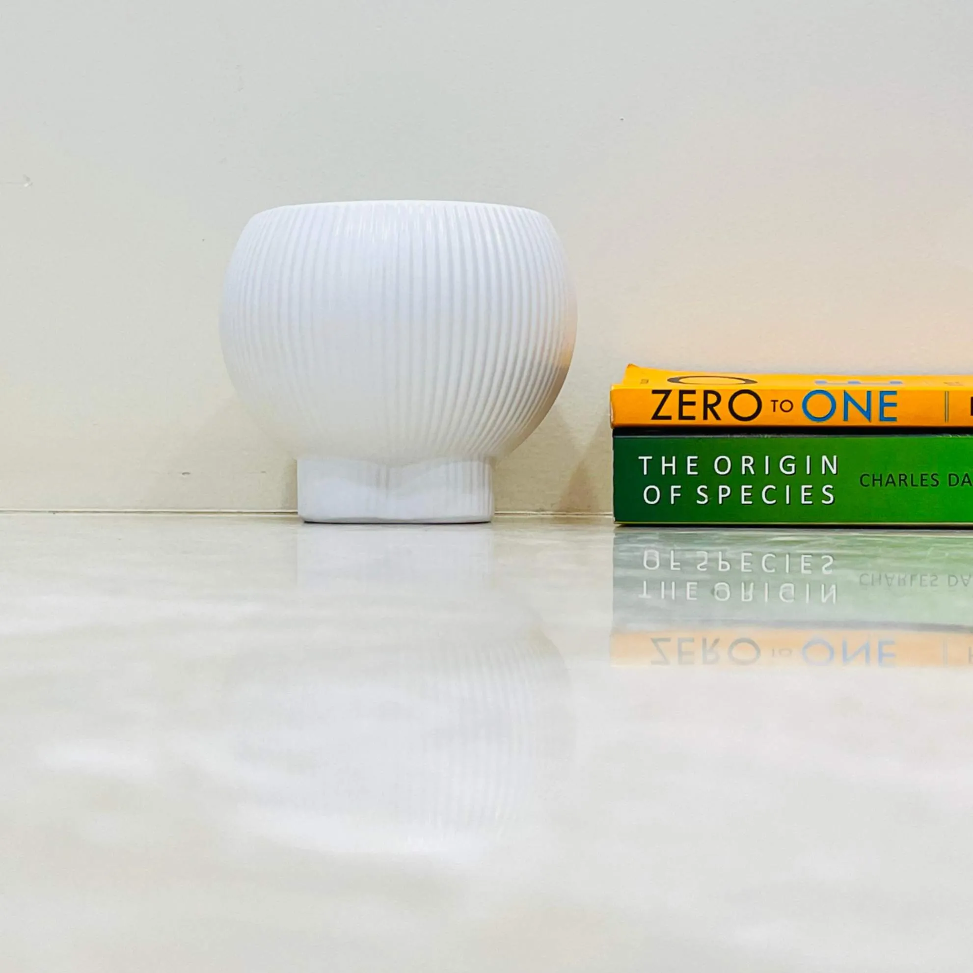 White Ribbed Ceramic Planter with Base