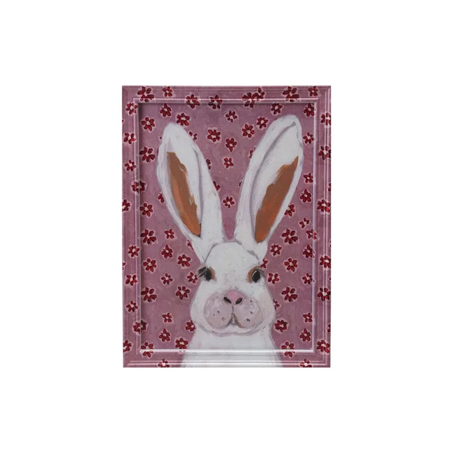 Wood Framed Glass Wall Decor w/ Rabbit & Flowers