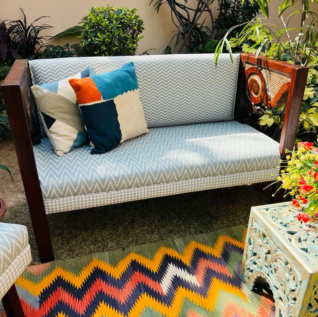 Zainab : Winged 2 Seater Sofa/ Bench with Sage Green Upholstery