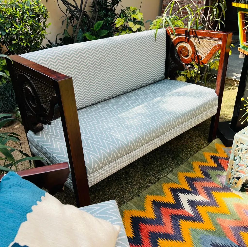 Zainab : Winged 2 Seater Sofa/ Bench with Sage Green Upholstery