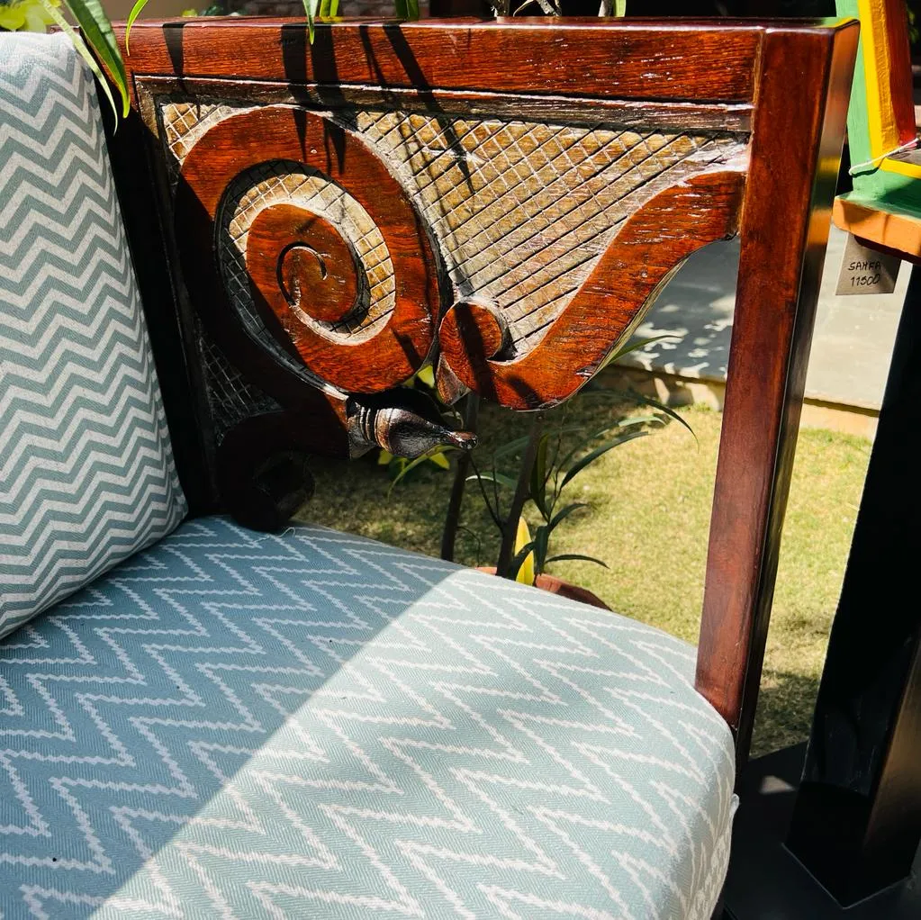 Zainab : Winged 2 Seater Sofa/ Bench with Sage Green Upholstery