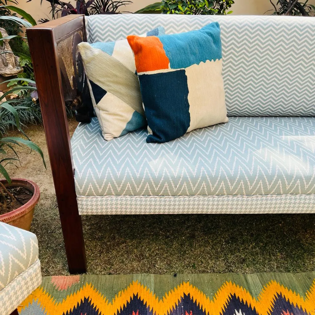 Zainab : Winged 2 Seater Sofa/ Bench with Sage Green Upholstery
